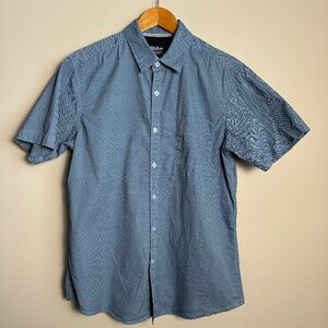 MONUMENT Men's Allover Geometric Short‎ Sleeve Button Up Cotton Shirt Blue Large